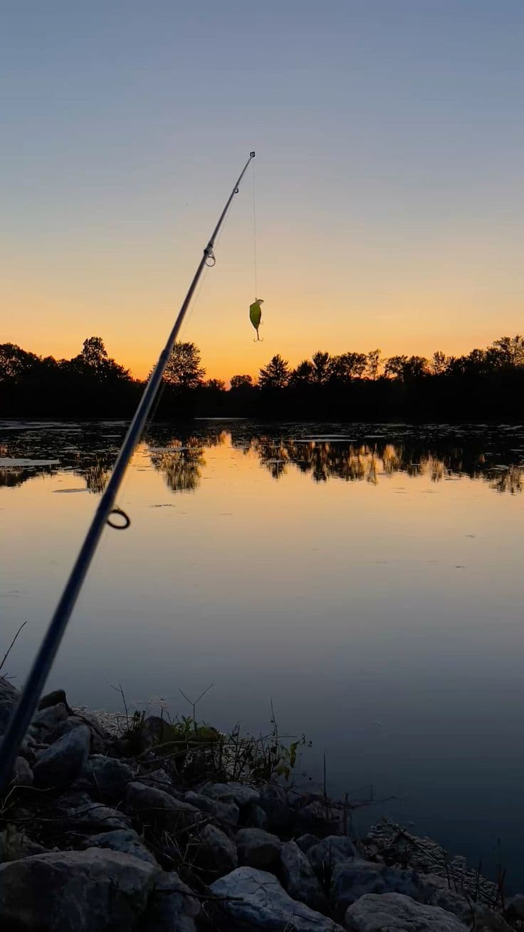 Calm lake at dawn with a minimalist fishing setup